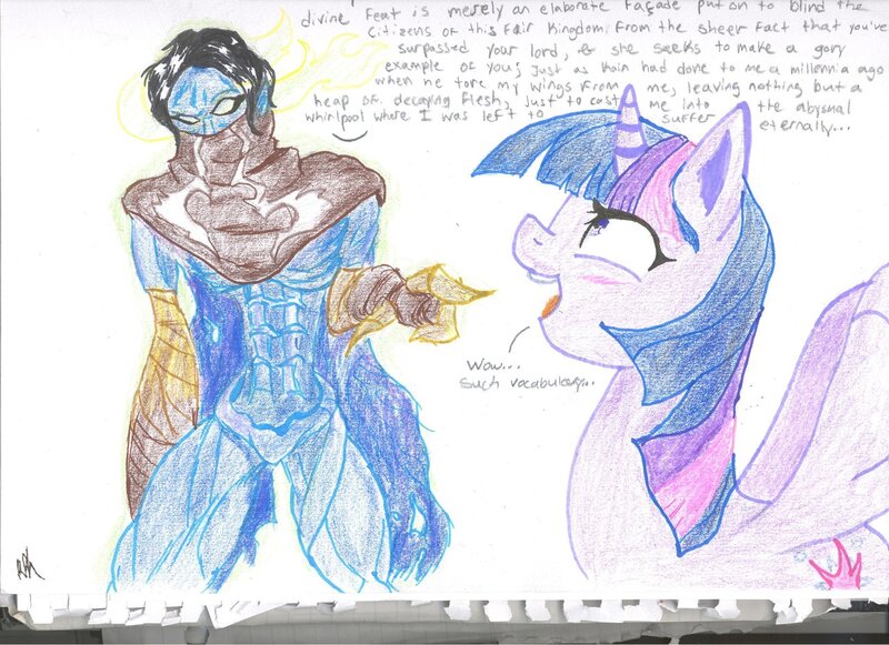 Size: 1280x930 | Tagged: safe, artist:avirextin, derpibooru import, twilight sparkle, twilight sparkle (alicorn), alicorn, pony, adorkable, blushing, colored pencil drawing, crossover, crossover shipping, cute, dork, duo, female, happy, image, jpeg, legacy of kain, male, mare, multicolored mane, no pupils, purple eyes, purple fur, raised eyebrow, raziel, shipping, shrunken pupils, soul reaver, talking, tomboy, traditional art, twiabetes, wraith