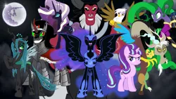 Size: 1920x1080 | Tagged: safe, artist:thef5deviants, derpibooru import, idw, discord, gilda, king sombra, lord tirek, mane-iac, nightmare moon, nightmare rarity, queen chrysalis, starlight glimmer, gryphon, antagonist, duality, mare in the moon, moon, vector, wallpaper