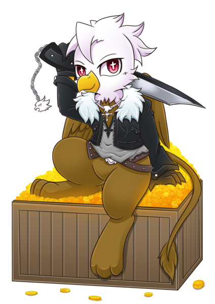 Size: 2000x2828 | Tagged: safe, artist:vavacung, derpibooru import, oc, oc:gunslash, gryphon, clothes, coin, cosplay, costume, crossover, final fantasy, final fantasy viii, gil, gold, griffon oc, gunblade, squall leonhart, treasure, wingding eyes