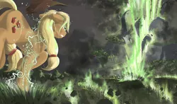 Size: 1920x1128 | Tagged: safe, artist:doomsp0rk, derpibooru import, applejack, earth pony, pony, badass, butt, earth pony magic, earth pony master race, earthquake, female, floppy ears, glare, gritted teeth, magic, mare, plot, runes, solo