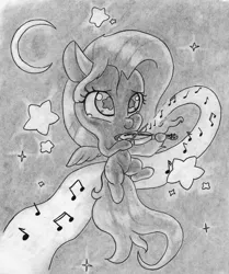 Size: 4496x5376 | Tagged: safe, artist:cross_ornstein, derpibooru import, fluttershy, absurd resolution, chibi, cute, flying, grayscale, hoof hold, monochrome, moon, music notes, night, pencil drawing, smiling, solo, space, spread wings, starry eyes, stars, traditional art, violin, wingding eyes