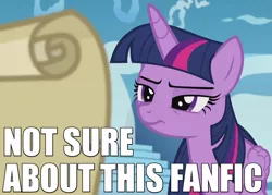 Size: 700x500 | Tagged: safe, derpibooru import, edit, edited screencap, screencap, twilight sparkle, twilight sparkle (alicorn), alicorn, pony, fanfic, the cutie re-mark, caption, female, frown, image macro, mare, reaction image, reading, scroll, solo, twilight loves fanfiction