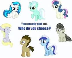 Size: 720x585 | Tagged: safe, derpibooru import, bon bon, derpy hooves, doctor whooves, lyra heartstrings, minuette, octavia melody, sweetie drops, time turner, vinyl scratch, bronybait, image macro, meme, needs more jpeg, sadistic choice, younger