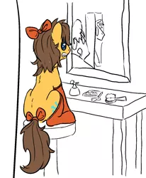 Size: 1102x1340 | Tagged: artist:senaelik, bow, brush, caramel, clothes, crossdressing, derpibooru import, femboy, generic pony, hair bow, male, mirror, nervous, perfume, safe, socks, tail bow