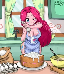 Size: 1428x1654 | Tagged: suggestive, alternate version, artist:crimsonbugeye, derpibooru import, edit, editor:stasyan1902, pinkie pie, equestria girls, :p, apron, baking, blushing, breasts, busty pinkie pie, cake, candy, cleavage, clothes, creamy creamy frosting, cutie mark, cutie mark on equestria girl, egg (food), eqg recolor, female, flour, food, frosting, heart, icing bag, indoors, kitchen, lollipop, naked apron, plump, pony coloring, recolor, sexy, solo, solo female, tongue out