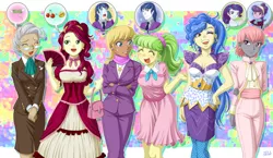 Size: 1722x1000 | Tagged: safe, artist:uotapo, derpibooru import, cherry jubilee, chickadee, mayor mare, ms. harshwhinny, ms. peachbottom, prim hemline, rarity, sapphire shores, shining armor, suri polomare, equestria girls, abstract background, alumnus shining armor, beauty mark, cleavage, clothes, colored pupils, cougar, dress, earring, equestria girls-ified, eyes closed, fan, female, glasses, money, piercing, purse, speech bubble, thought bubble, whining armor, wink