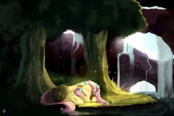 Size: 2400x1600 | Tagged: dead source, safe, artist:noctilucent-arts, derpibooru import, fluttershy, pegasus, pony, cave, cute, female, flower, flower in hair, forest, mare, scenery, shyabetes, sleeping, solo, tree, water, waterfall