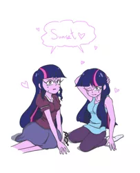Size: 1706x2100 | Tagged: safe, artist:chubbyjo, derpibooru import, sci-twi, twilight sparkle, equestria girls, friendship games, broken glasses, crying, glasses, heart, implied sunset shimmer, implied sunsetsparkle, pixiv, self paradox, speech bubble, twolight