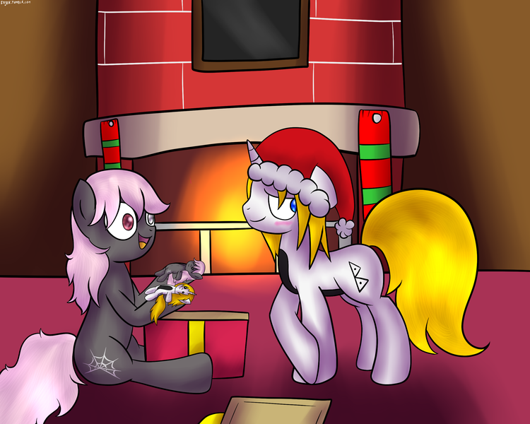 Size: 2560x2048 | Tagged: safe, artist:sojek, derpibooru import, oc, oc:bakchus, oc:mingle, unofficial characters only, christmas, fire, fireplace, hat, minchus, oc x oc, plushie, present, santa hat, shipping