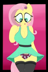 Size: 2100x3100 | Tagged: anthro, arm hooves, artist:an-tonio, artist:krazykari, blushing, breasts, bunny print underwear, busty fluttershy, cleavage, clothes, derpibooru import, dress, embarrassed underwear exposure, female, flower, flower in hair, fluttershy, panties, ribbon, skirt, socks, solo, solo female, suggestive, thigh highs, underwear, upskirt, wide hips