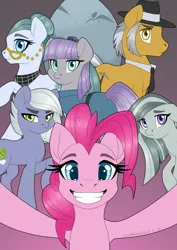 Size: 1280x1810 | Tagged: artist:rainbowdrool, cloudy quartz, derpibooru import, eyebrows visible through hair, grin, group, holder's boulder, igneous rock pie, limestone pie, marble pie, maud pie, pie family, pie sisters, pinkie pie, quartzrock, safe, siblings, sisters