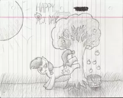 Size: 2838x2270 | Tagged: safe, artist:outtalives, derpibooru import, applejack, apple, applebucking, applejack appreciation day, food, lined paper, monochrome, solo, sun, traditional art, tree