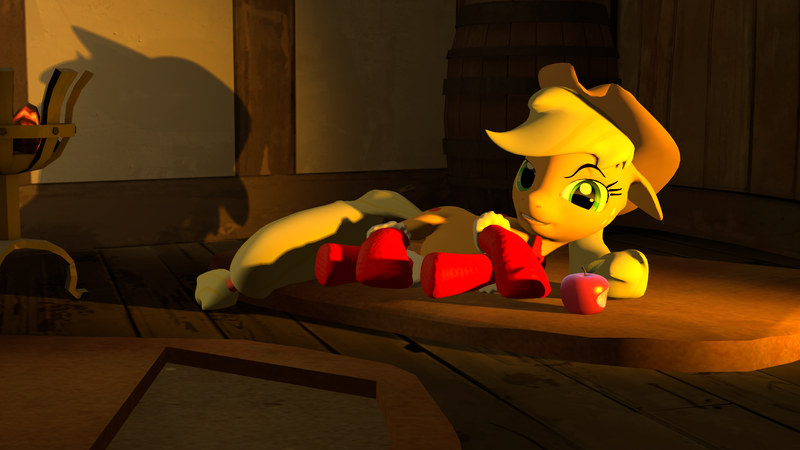 Size: 2000x1125 | Tagged: 3d, apple, applejack, artist:frikay29, clothes, derpibooru import, food, safe, socks, solo, source filmmaker