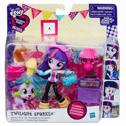 Size: 880x880 | Tagged: safe, derpibooru import, sci-twi, spike, spike the regular dog, twilight sparkle, twilight sparkle (alicorn), alicorn, dog, equestria girls, doll, equestria girls logo, equestria girls minis, irl, photo, slumber party, toy