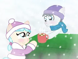 Size: 1024x768 | Tagged: artist:crazynutbob, chocolate, clothes, coco pommel, cocoshill, colt, cute, derpibooru import, female, filly, food, hat, hot chocolate, jacket, male, safe, scarf, shipping, silver shill, snow, snowfall, straight, younger