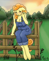 Size: 1600x2000 | Tagged: anthro, artist:katiespalace, blushing, boob freckles, breasts, busty carrot top, carrot top, cleavage, cutie top, derpibooru import, female, fence, floppy ears, freckles, garden, golden harvest, naked overalls, overalls, safe, shoulder freckles, solo, unguligrade anthro