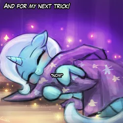 Size: 750x750 | Tagged: safe, artist:lumineko, derpibooru import, trixie, pony, unicorn, biting, blushing, cape, clothes, curtain, cute, daaaaaaaaaaaw, diatrixes, eyes closed, female, filly, floppy ears, happy, hat, hug, lumineko is trying to murder us, mare, nom, side, smiling, solo, sparkles, stage, trixie's cape, trixie's hat, weapons-grade cute