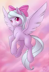 Size: 675x1000 | Tagged: safe, artist:skyheavens, derpibooru import, flitter, pegasus, pony, bow, colored pupils, crepuscular rays, digital art, female, flying, hair bow, hoof fluff, looking at you, mare, missing cutie mark, sky, smiling, solo, spread wings, wings