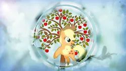 Size: 1920x1080 | Tagged: safe, artist:pinkiejay, derpibooru import, applejack, apple, food, solo, tree, vector, wallpaper