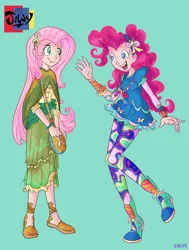 Size: 694x917 | Tagged: safe, artist:jowybean, derpibooru import, fluttershy, pinkie pie, human, clothes, dress, duo, duo female, female, hairband, humanized, leggings, long skirt, looking at each other, shoes, skirt, waving