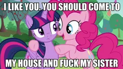 Size: 800x450 | Tagged: suggestive, derpibooru import, edit, edited screencap, screencap, pinkie pie, twilight sparkle, twilight sparkle (alicorn), alicorn, pony, caption, female, full metal jacket, gunnery sergeant hartman, image macro, implied sex, mare, meme, movie reference, shipper on deck, vulgar