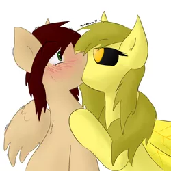 Size: 1444x1444 | Tagged: safe, artist:candel, derpibooru import, oc, oc:candlelight, oc:golden corral, unofficial characters only, mothpony, original species, pony, blushing, extreme french kiss, kissing, shivering