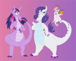 Size: 1280x1021 | Tagged: artist:catstuxedo, colored, colored claws, derpibooru import, dragon, dragonified, edit, gradient background, purple background, raridragon, rarity, safe, simple background, species swap, sweetie belle, sweetie dragon, twilidragon, twilight sparkle, vector, vector edit