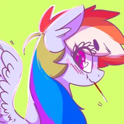 Size: 2000x2000 | Tagged: safe, artist:xieril, derpibooru import, rainbow dash, pegasus, pony, :t, beanbrows, binary brush, blushing, chewing, color porn, colored, cute, dashabetes, eye clipping through hair, eyelashes, eyestrain warning, floppy ears, food, heart eyes, long mane, looking at you, looking back, nom, pocky, scrunchy face, smiling, solo, spread wings, sweet dreams fuel, wingding eyes