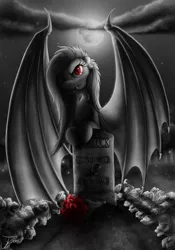 Size: 1528x2182 | Tagged: safe, artist:jamescorck, derpibooru import, fluttershy, roseluck, bat pony, pony, fanfic, fanfic:sanguine kindness, fanfic art, flutterbat, gravestone, implied death, partial color, rest in peace, rose, solo