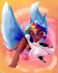 Size: 1200x1500 | Tagged: artist:purplerdeath, carrying, dark skin, derpibooru import, female, flying, human, humanized, kissing, lesbian, rainbow dash, raridash, rarity, safe, shipping