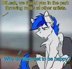 Size: 1898x1823 | Tagged: safe, artist:ralek, derpibooru import, oc, oc:turquoise, unofficial characters only, pegasus, pony, :c, bridge piercing, chest fluff, crying, ear piercing, english, gauges, jealous, office, piercing, reference, sitting, talking, teary eyes, text