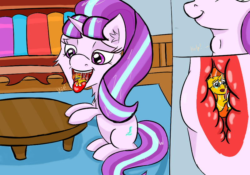 Size: 1000x700 | Tagged: questionable, artist:flutterdash69, derpibooru import, starlight glimmer, sunburst, crying, drool, fetish, micro, open mouth, swallowing, throat bulge, tongue out, uvula, vore, x-ray