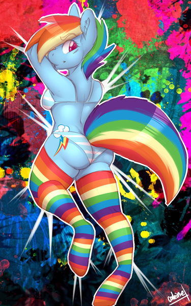 Size: 743x1190 | Tagged: anthro, artist:codeine, ass, backwards cutie mark, bra, breasts, clothes, derpibooru import, female, panties, rainbow dash, rainbow socks, socks, solo, solo female, stockings, striped socks, striped underwear, suggestive, underwear, unguligrade anthro, wingless, wingless anthro