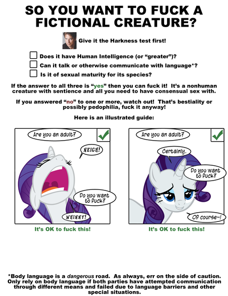 Size: 1080x1398 | Tagged: suggestive, derpibooru import, edit, rarity, human, pony, unicorn, bedroom eyes, bestiality, dialogue, doctor who, eyeshadow, female, harkness test, horses doing horse things, interspecies, jack harkness, makeup, mare, meme, neigh, open mouth, speech bubble, test, text, torchwood, vulgar, whinny