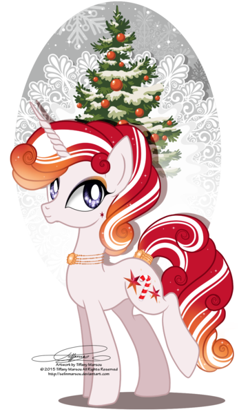 Size: 1040x1800 | Tagged: safe, artist:tiffanymarsou, derpibooru import, oc, oc:jolly jewels, unofficial characters only, pony, unicorn, christmas tree, solo, tree