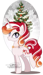 Size: 1040x1800 | Tagged: safe, artist:tiffanymarsou, derpibooru import, oc, oc:jolly jewels, unofficial characters only, pony, unicorn, christmas tree, solo, tree