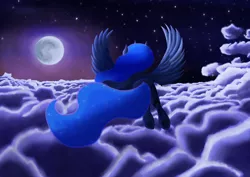 Size: 3024x2138 | Tagged: safe, artist:kickassking, derpibooru import, princess luna, alicorn, pony, cloud, flight, flying, moon, night, painting, solo