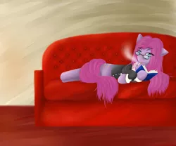 Size: 1200x1000 | Tagged: artist:hewhoerasesmost, book, cigarette, clothes, couch, derpibooru import, glasses, looking at you, lying, pinkamena diane pie, pinkie pie, safe, smoking, solo