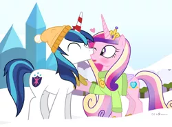 Size: 1000x735 | Tagged: safe, artist:dm29, derpibooru import, princess cadance, shining armor, pony, advent calendar, blushing, clothes, cute, cutedance, female, hat, heart, holiday horse days, julian yeo is trying to murder us, kissing, male, shining adorable, shiningcadance, shipping, snow, straight, sweater, wintertime