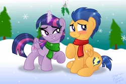 Size: 3000x2000 | Tagged: safe, artist:aleximusprime, derpibooru import, flash sentry, twilight sparkle, twilight sparkle (alicorn), alicorn, pony, blushing, clothes, female, flashlight, male, mare, mistletoe, scarf, shipping, snow, snowfall, straight, winter