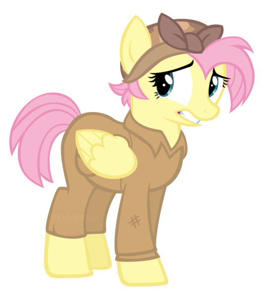 Size: 1795x2000 | Tagged: safe, artist:featherfell, derpibooru import, fluttershy, pegasus, pony, the cutie re-mark, alternate hairstyle, alternate timeline, alternate universe, apocalypse fluttershy, clothes, crystal war timeline, female, headscarf, mare, overalls, scarf, simple background, solo, transparent background, vector, worried