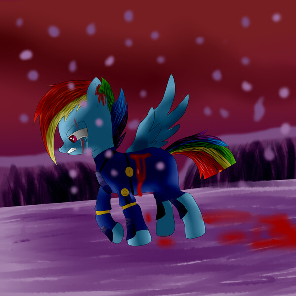 Size: 3000x3000 | Tagged: alternate hairstyle, alternate timeline, alternate universe, apocalypse dash, artist:rabidsonic220, blood, crystal war timeline, derpibooru import, injured, one winged pegasus, rainbow dash, scar, semi-grimdark, solo, the cutie re-mark