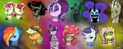 Size: 6256x2500 | Tagged: safe, artist:lrusu, derpibooru import, applejack, discord, flam, flim, fluttershy, king sombra, nightmare moon, pinkie pie, queen chrysalis, rainbow dash, rarity, spike, starlight glimmer, twilight sparkle, twilight sparkle (alicorn), alicorn, pony, the cutie re-mark, absurd resolution, alternate timeline, apocalypse dash, applecalypsejack, chaotic timeline, chrysalis resistance timeline, crystal war timeline, female, flim flam brothers, flim flam industry timeline, mane seven, mane six, mare, night maid rarity, nightmare takeover timeline, tribal pie, tribalshy