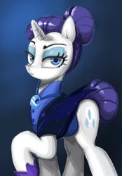Size: 558x800 | Tagged: safe, artist:miracle32, derpibooru import, rarity, pony, unicorn, the cutie re-mark, alternate timeline, bun, clothes, female, mare, night maid rarity, nightmare takeover timeline, raised hoof, solo