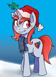 Size: 800x1100 | Tagged: safe, alternate version, artist:monanniverse, derpibooru import, oc, oc:mona, unofficial characters only, pony, unicorn, blushing, clothes, cute, female, hat, holly, holly mistaken for mistletoe, looking back, mare, mistleholly, raised hoof, santa hat, scarf, smiling, solo