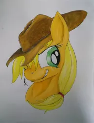 Size: 3216x4198 | Tagged: safe, artist:scribblepwn3, derpibooru import, applejack, earth pony, pony, hat, pen drawing, portrait, solo, traditional art, watercolor painting, wink