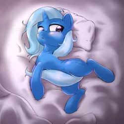 Size: 1000x1000 | Tagged: suggestive, artist:ushiro no kukan, derpibooru import, trixie, pony, unicorn, bed, blushing, covering, cute, cutie mark, diatrixes, female, horn, mare, on bed, pillow, purple eyes, side, solo, solo female, tail covering, wake up