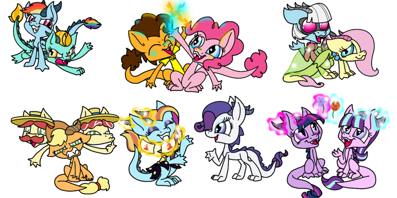 Size: 1200x600 | Tagged: applejack, artist:bumbleboo12, cheese sandwich, derpibooru import, dragon, dragonified, dragonjack, flam, flim, flim flam brothers, flutterdragon, fluttershy, glimmerdragon, lightning dust, mane six, photo finish, pinkiedragon, pinkie pie, rainbow dash, rainbow dragon, raridragon, rarity, safe, sassy saddles, simple background, species swap, starlight glimmer, twilidragon, twilight sparkle, white background