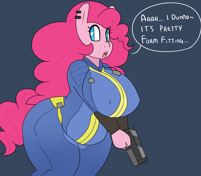 Size: 1280x1120 | Tagged: 10mm pistol, anthro, artist:somescrub, ass, bbw, big breasts, breasts, busty pinkie pie, chubby, clothes, derpibooru import, fallout, female, gun, huge breasts, huge butt, hugtastic pinkie pie, jumpsuit, large butt, pinkie pie, pinkie thighs, pudgy pie, solo, solo female, suggestive, thunder thighs, vault suit, weapon, wide hips