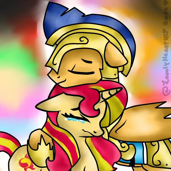 Size: 2000x2000 | Tagged: safe, artist:lovelyheartmlp, derpibooru import, flash sentry, sunset shimmer, pegasus, pony, unicorn, armor, backwards cutie mark, crying, eyes closed, female, flashimmer, hug, male, shipping, straight, tears of joy